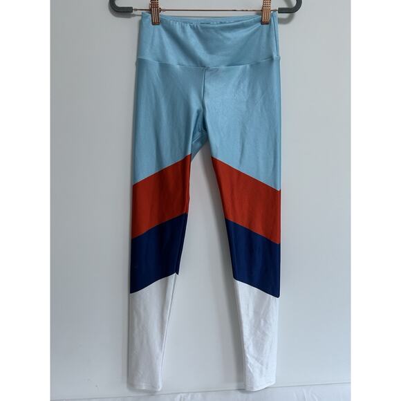 Womens GOLDSHEEP Clothing Chevron Stripe Blue Red LEGGINGS Small $89 - Picture 1 of 8